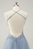 Sparkly Dusty Blue A Line Halter Cocktail Dress with Appliques