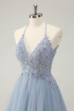 Sparkly Dusty Blue A Line Halter Cocktail Dress with Appliques