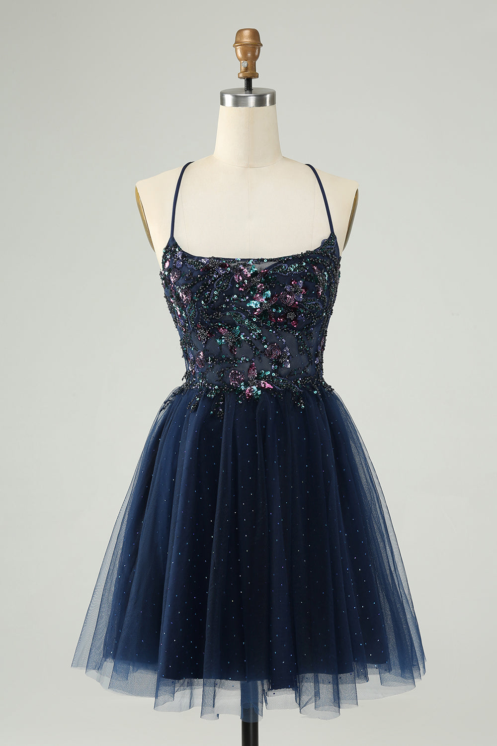 Glitter Navy A-Line Sequined Tulle Cocktail Dress