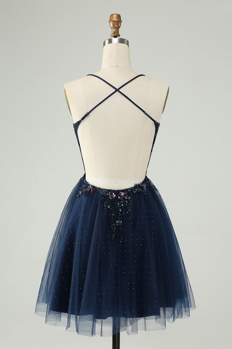 Load image into Gallery viewer, Glitter Navy A-Line Sequined Tulle Cocktail Dress