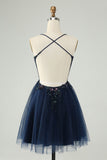 Glitter Navy A-Line Sequined Tulle Cocktail Dress