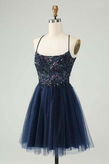 Glitter Navy A-Line Sequined Tulle Cocktail Dress