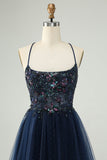 Glitter Navy A-Line Sequined Tulle Cocktail Dress