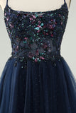 Glitter Navy A-Line Sequined Tulle Cocktail Dress