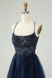 Glitter Navy A-Line Sequined Tulle Cocktail Dress