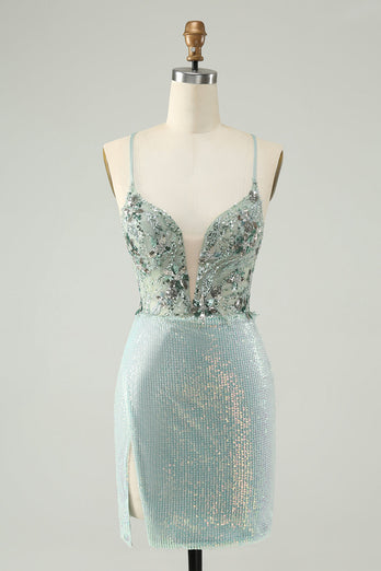 Glitter Dusty Green Tight Sequins V Neck Cocktail Dress