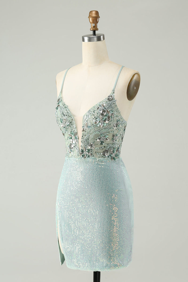 Load image into Gallery viewer, Glitter Dusty Green Tight Sequins V Neck Cocktail Dress