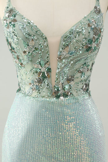 Glitter Dusty Green Tight Sequins V Neck Cocktail Dress