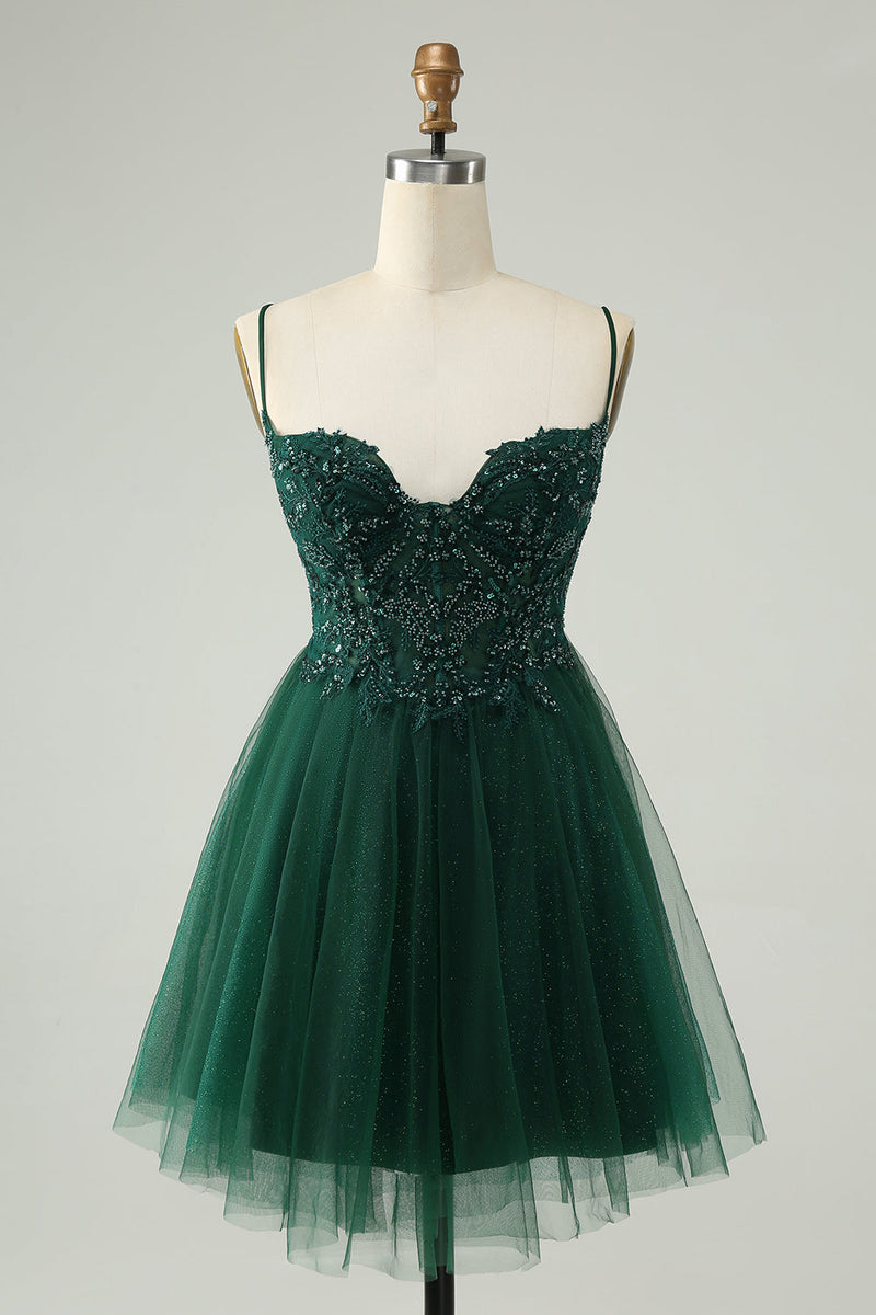 Load image into Gallery viewer, Glitter Dark Green A-Line Beaded Tulle Cocktail Dress with Appliques