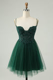 Glitter Dark Green A-Line Beaded Tulle Cocktail Dress with Appliques