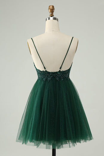 Glitter Dark Green A-Line Beaded Tulle Cocktail Dress with Appliques