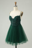 Glitter Dark Green A-Line Beaded Tulle Cocktail Dress with Appliques