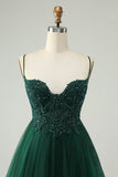 Glitter Dark Green A-Line Beaded Tulle Cocktail Dress with Appliques