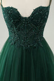 Glitter Dark Green A-Line Beaded Tulle Cocktail Dress with Appliques