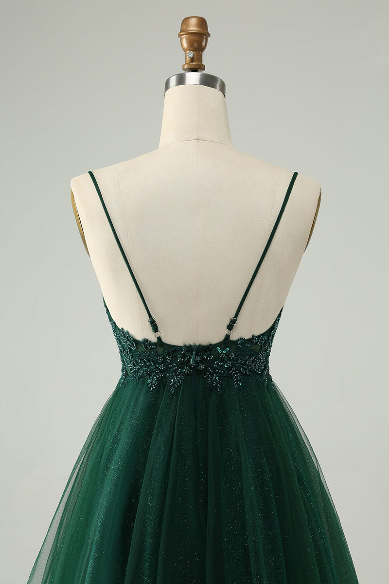 Load image into Gallery viewer, Glitter Dark Green A-Line Beaded Tulle Cocktail Dress with Appliques