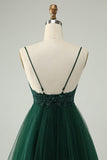 Glitter Dark Green A-Line Beaded Tulle Cocktail Dress with Appliques