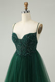 Glitter Dark Green A-Line Beaded Tulle Cocktail Dress with Appliques