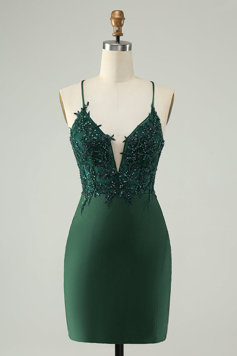 Load image into Gallery viewer, Glitter Dark Green Tight V Neck Beaded Cocktail Dress