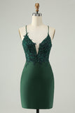 Glitter Dark Green Tight V Neck Beaded Cocktail Dress