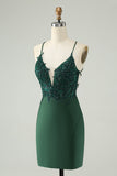 Glitter Dark Green Tight V Neck Beaded Cocktail Dress