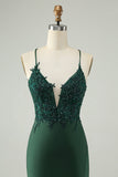 Glitter Dark Green Tight V Neck Beaded Cocktail Dress