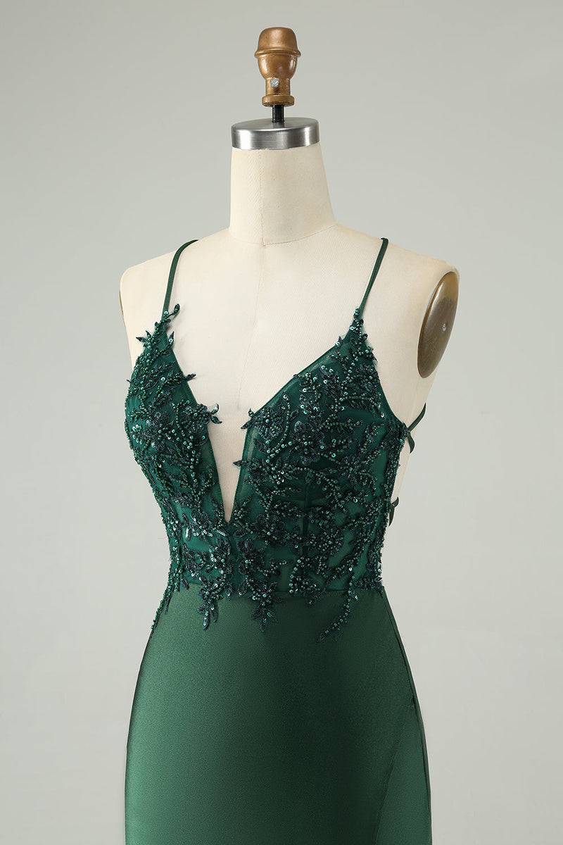 Load image into Gallery viewer, Glitter Dark Green Tight V Neck Beaded Cocktail Dress
