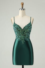 Glitter Dark Green Tight V Neck Short Cocktail Dress with Sequins