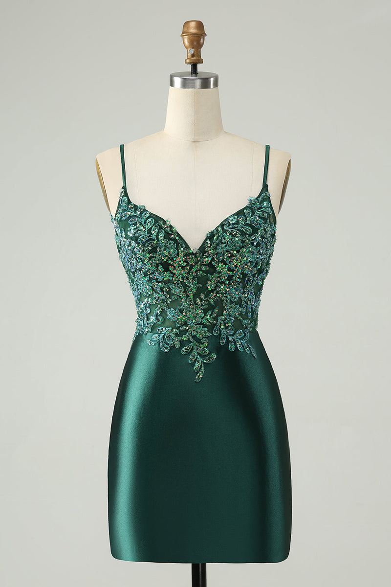 Load image into Gallery viewer, Glitter Dark Green Tight V Neck Short Cocktail Dress with Sequins