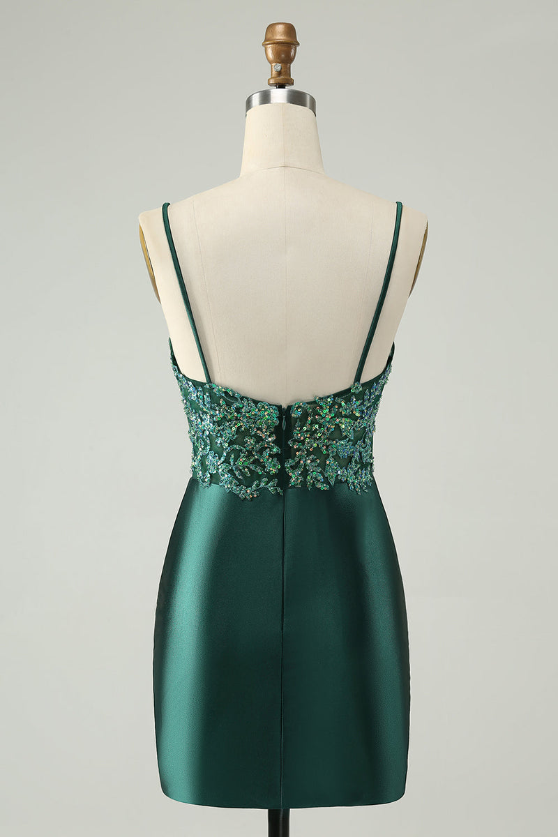Load image into Gallery viewer, Glitter Dark Green Tight V Neck Short Cocktail Dress with Sequins