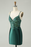 Glitter Dark Green Tight V Neck Short Cocktail Dress with Sequins