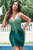 Sparkly Dark Green Tight V Neck Short Cocktail Dress with Sequins