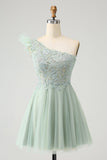 Cute Dusty Sage A Line One Shoulder Tulle Cocktail Dress with Appliques