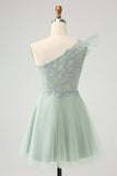 Cute Dusty Sage A Line One Shoulder Tulle Cocktail Dress with Appliques