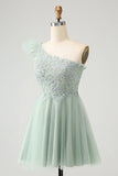 Cute Dusty Sage A Line One Shoulder Tulle Cocktail Dress with Appliques