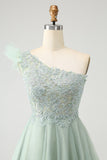 Cute Dusty Sage A Line One Shoulder Tulle Cocktail Dress with Appliques