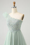 Cute Dusty Sage A Line One Shoulder Tulle Cocktail Dress with Appliques