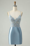 Glitter Dusty Blue Beaded Floral Tight Satin Cocktail Dress