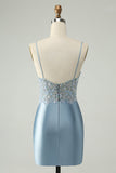 Glitter Dusty Blue Beaded Floral Tight Satin Cocktail Dress