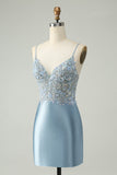 Glitter Dusty Blue Beaded Floral Tight Satin Cocktail Dress