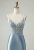 Load image into Gallery viewer, Glitter Dusty Blue Beaded Floral Tight Satin Cocktail Dress