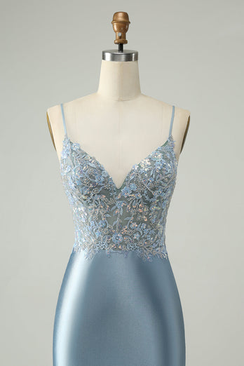 Glitter Dusty Blue Beaded Floral Tight Satin Cocktail Dress
