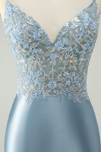 Glitter Dusty Blue Beaded Floral Tight Satin Cocktail Dress