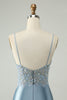 Load image into Gallery viewer, Glitter Dusty Blue Beaded Floral Tight Satin Cocktail Dress