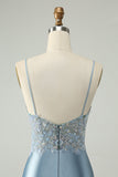 Glitter Dusty Blue Beaded Floral Tight Satin Cocktail Dress