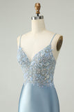 Glitter Dusty Blue Beaded Floral Tight Satin Cocktail Dress