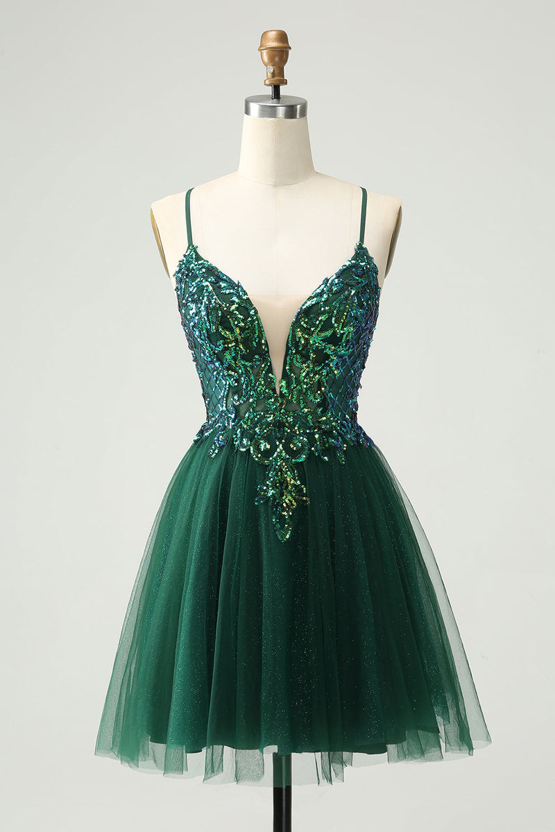 Load image into Gallery viewer, Glitter Dark Green A-Line Sequined V Neck Cocktail Dress with Appliques