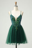 Glitter Dark Green A-Line Sequined V Neck Cocktail Dress with Appliques