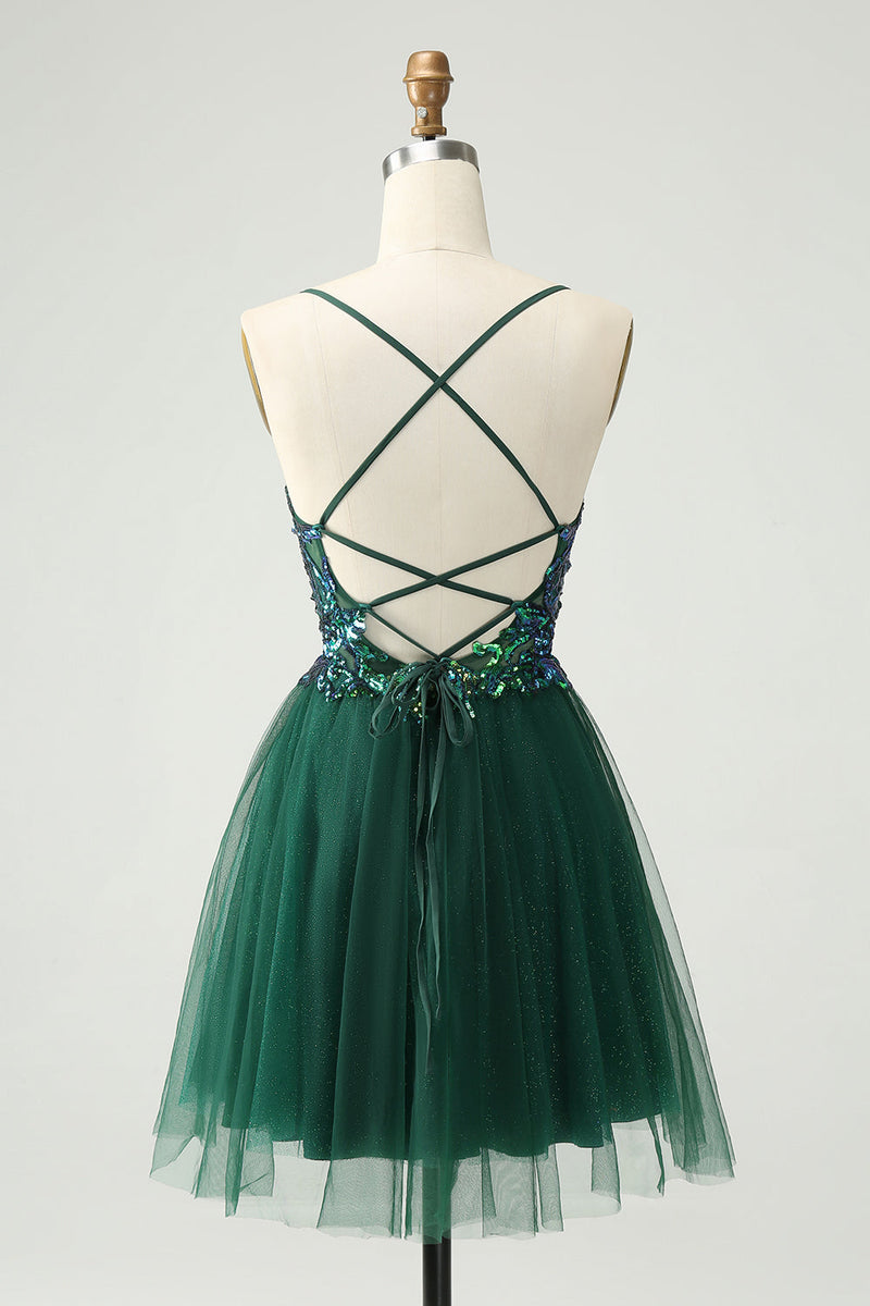 Load image into Gallery viewer, Glitter Dark Green A-Line Sequined V Neck Cocktail Dress with Appliques
