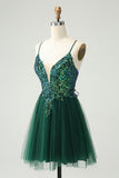 Glitter Dark Green A-Line Sequined V Neck Cocktail Dress with Appliques