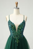 Glitter Dark Green A-Line Sequined V Neck Cocktail Dress with Appliques